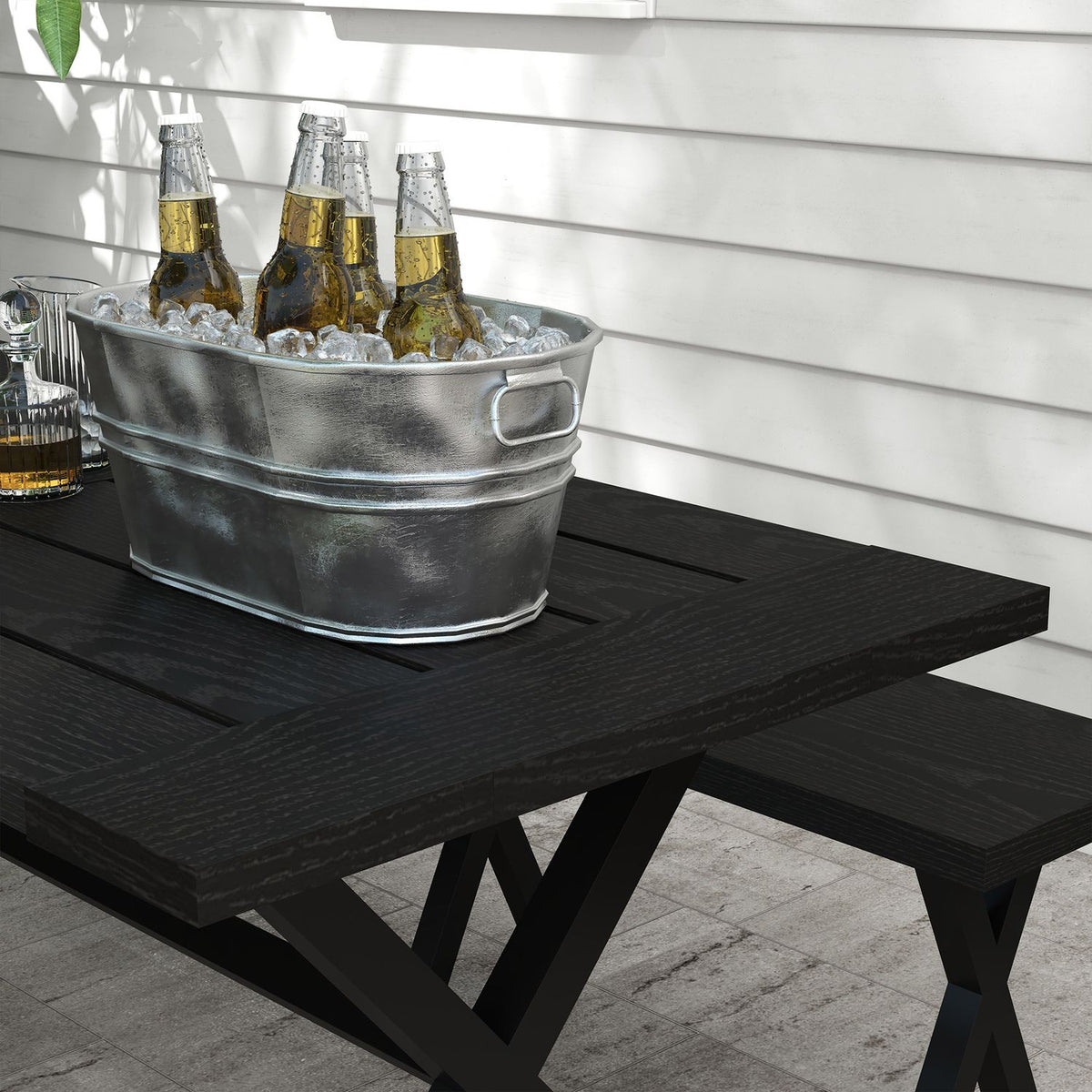 Beer Tent Set 3-Piece. Table 2 Benches Umbrella Hole Wood Look Terrace Balcony 180X80X73Cm Black