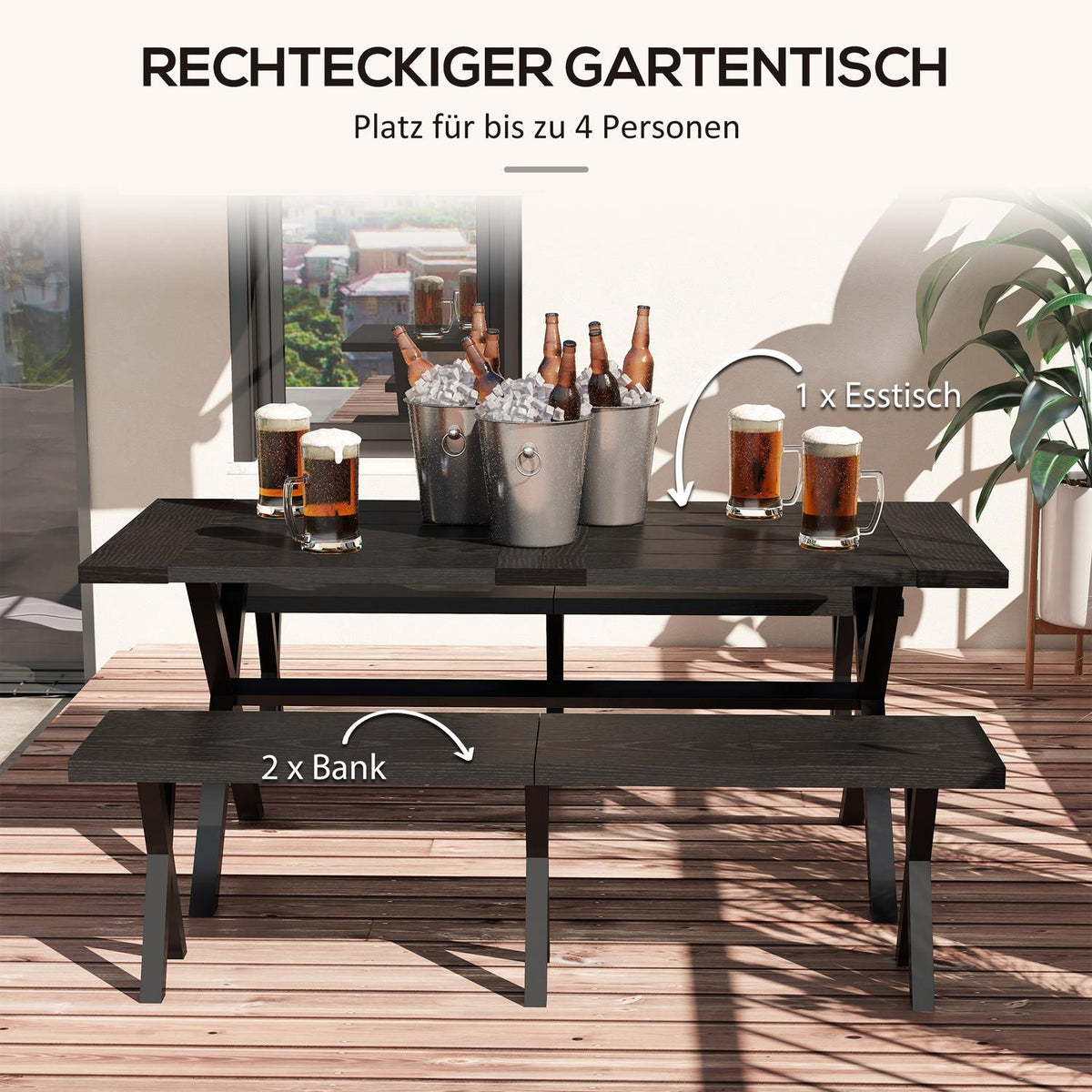 Beer Tent Set 3-Piece. Table 2 Benches Umbrella Hole Wood Look Terrace Balcony 180X80X73Cm Black
