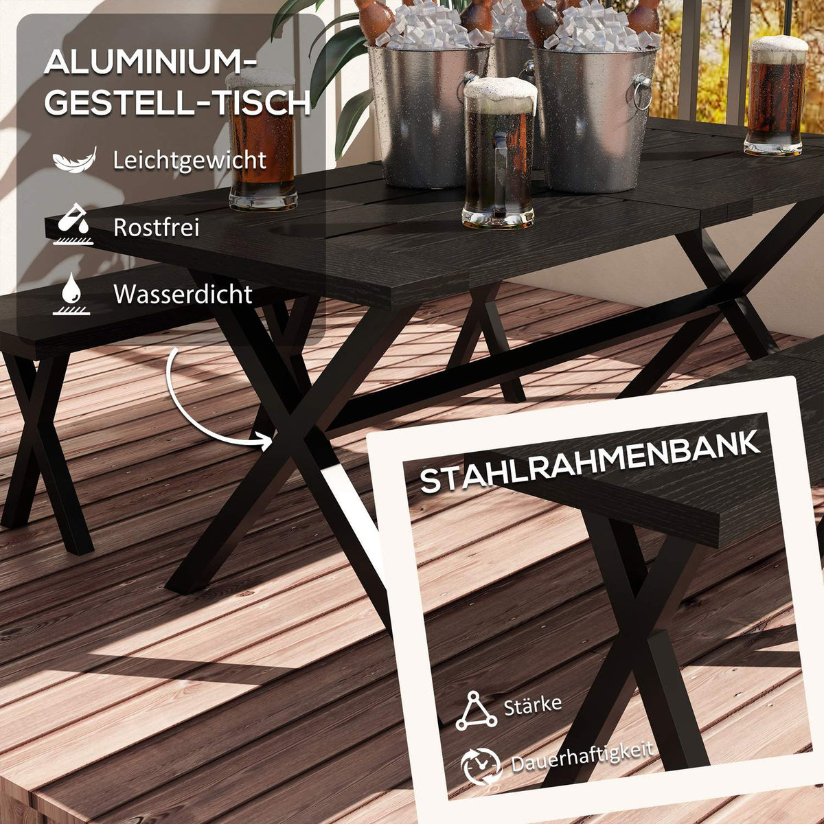 Beer Tent Set 3-Piece. Table 2 Benches Umbrella Hole Wood Look Terrace Balcony 180X80X73Cm Black