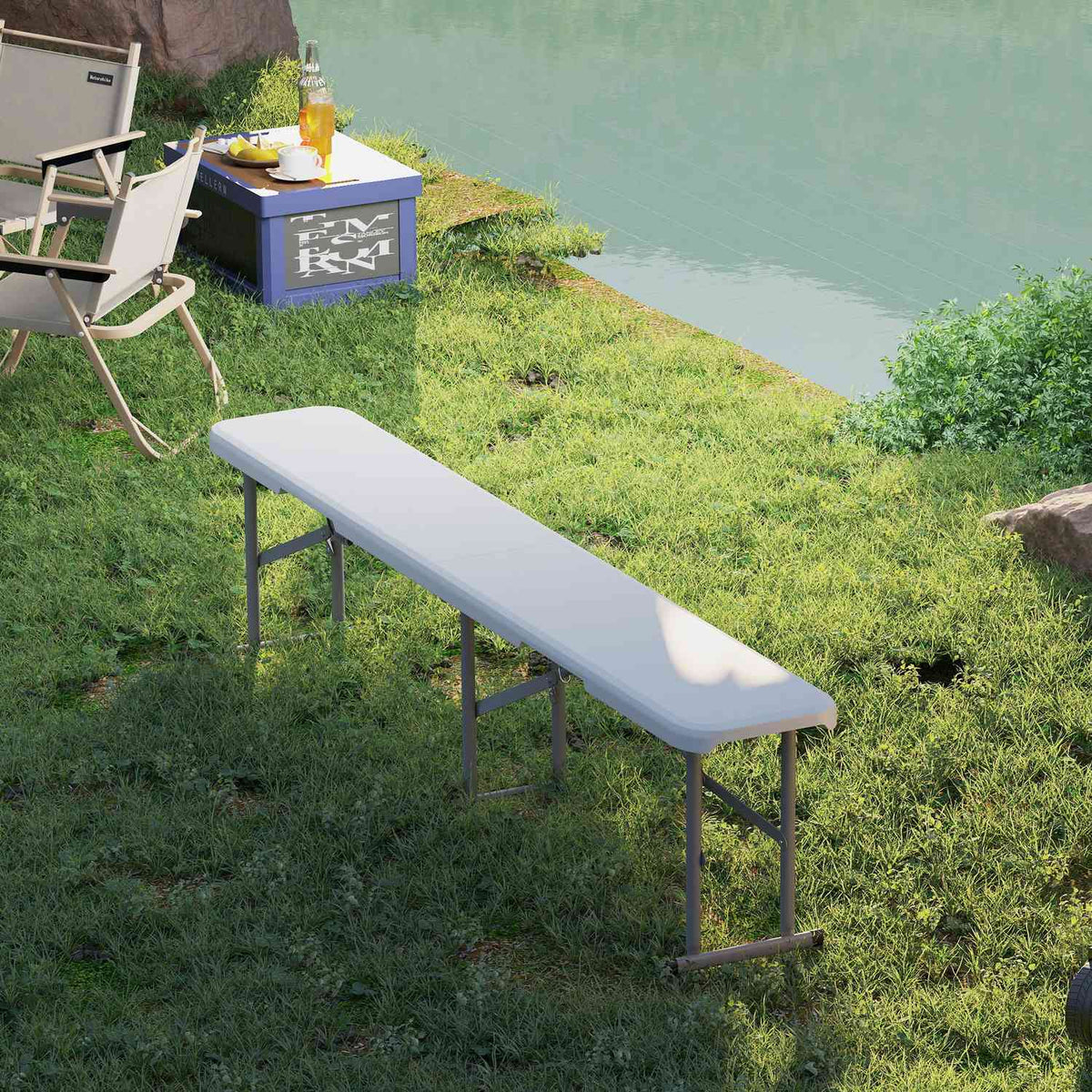 Beer tent bench, folding bench, foldable party bench with carrying handle, metal legs, weatherproof for 2 people, indoor, outdoor, can hold up to 240 kg, white