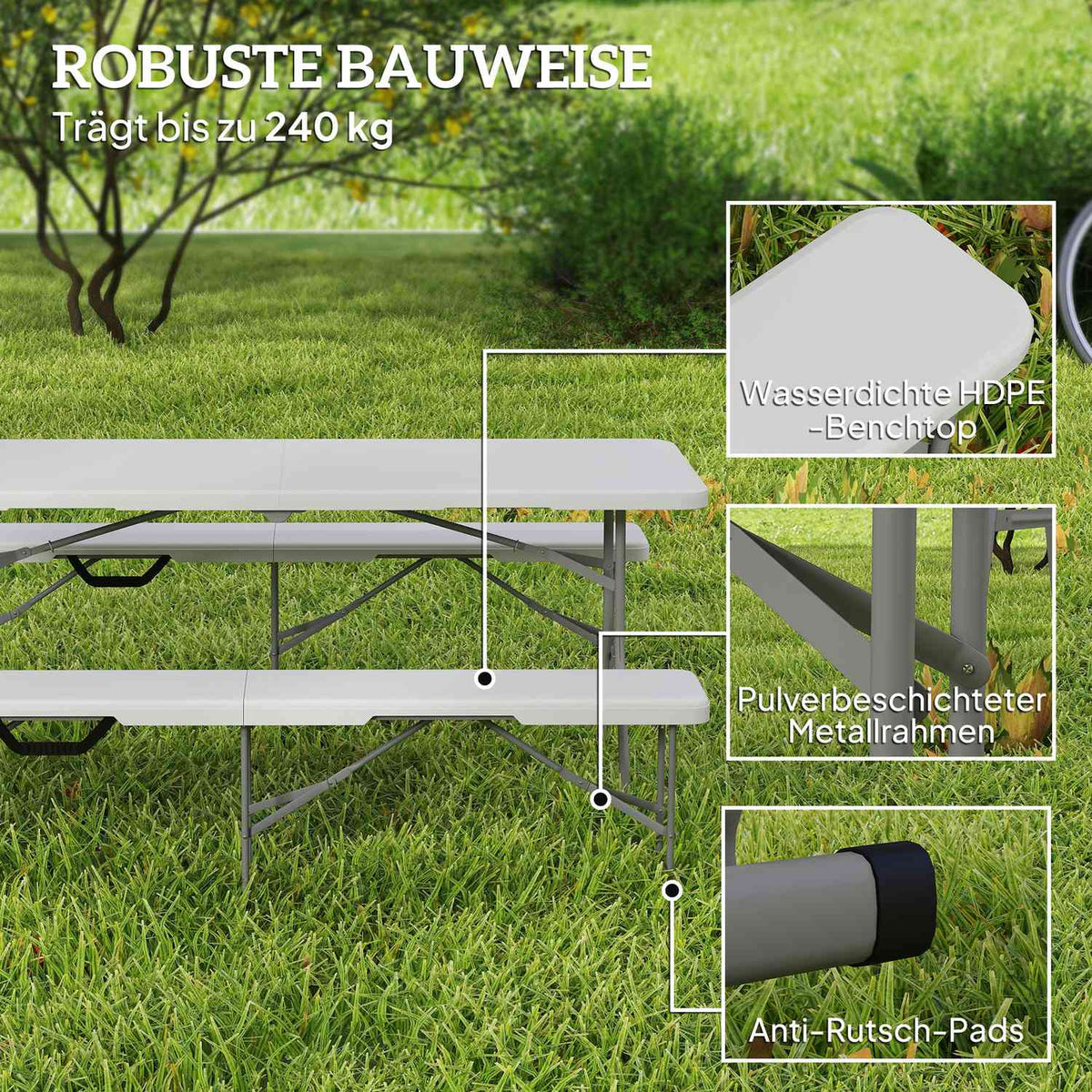 Beer tent bench, folding bench, foldable party bench with carrying handle, metal legs, weatherproof for 2 people, indoor, outdoor, can hold up to 240 kg, white