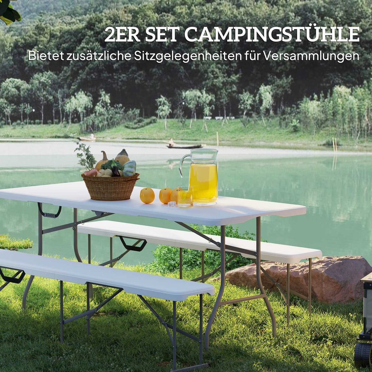 Beer tent bench, folding bench, foldable party bench with carrying handle, metal legs, weatherproof for 2 people, indoor, outdoor, can hold up to 240 kg, white