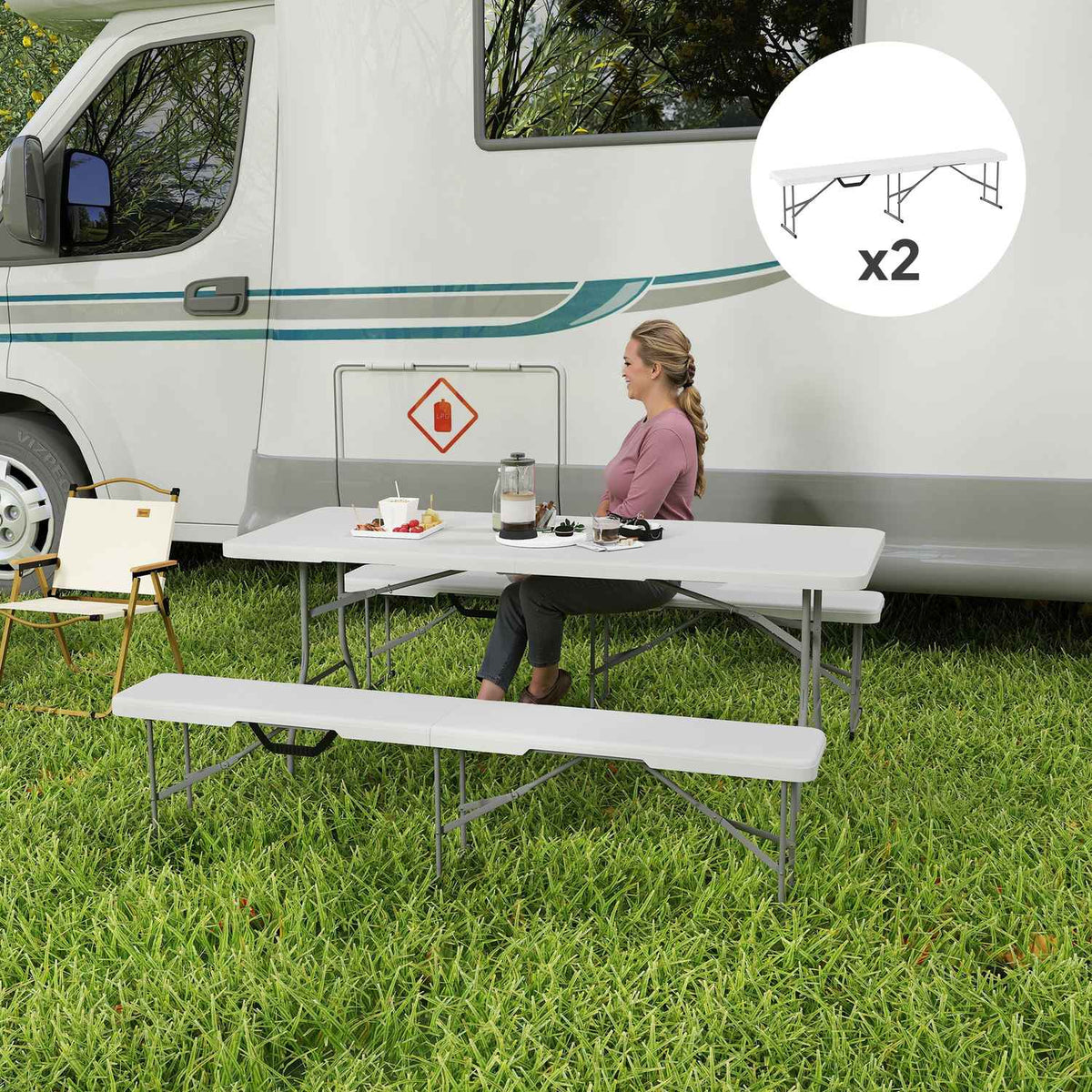 Beer tent bench, folding bench, foldable party bench with carrying handle, metal legs, weatherproof for 2 people, indoor, outdoor, can hold up to 240 kg, white