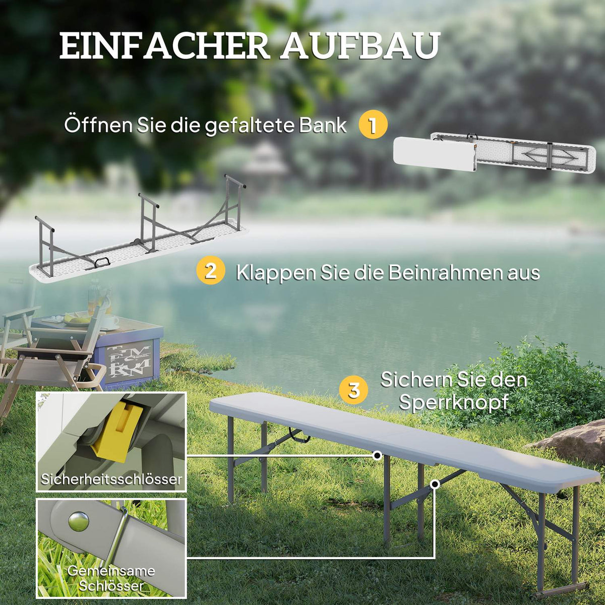 Beer tent bench, folding bench, foldable party bench with carrying handle, metal legs, weatherproof for 2 people, indoor, outdoor, can hold up to 240 kg, white