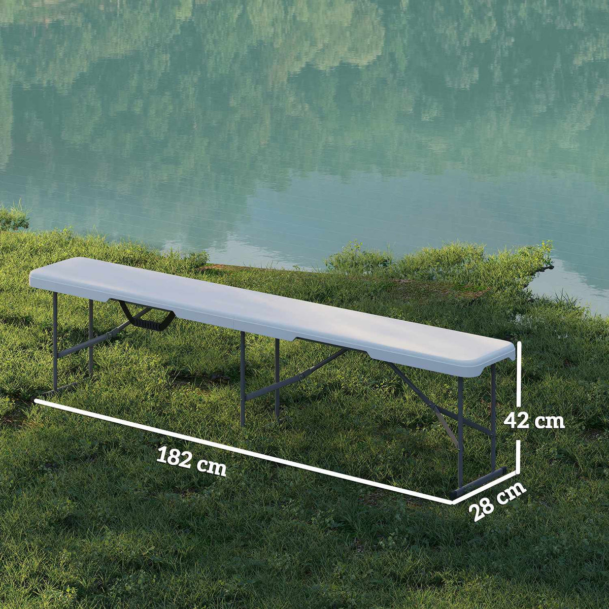 Beer tent bench, folding bench, foldable party bench with carrying handle, metal legs, weatherproof for 2 people, indoor, outdoor, can hold up to 240 kg, white