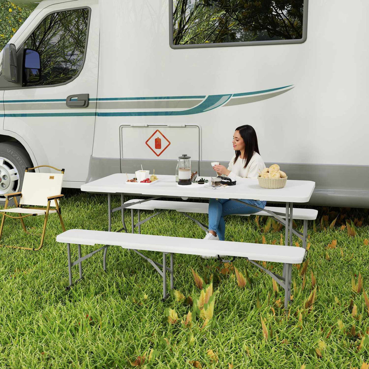 Beer tent set foldable 3-piece set camping table, 2 beer benches with carrying handle, marquee set beer table set for balcony, garden, party tent 180 x 74 x 74 cm