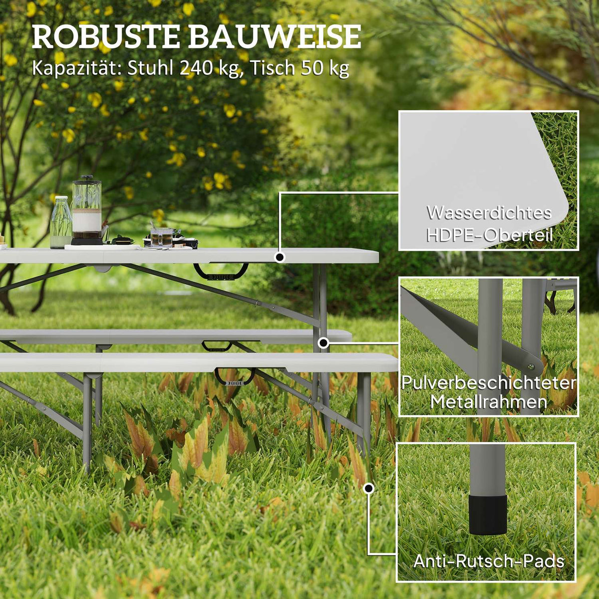 Beer tent set foldable 3-piece set camping table, 2 beer benches with carrying handle, marquee set beer table set for balcony, garden, party tent 180 x 74 x 74 cm