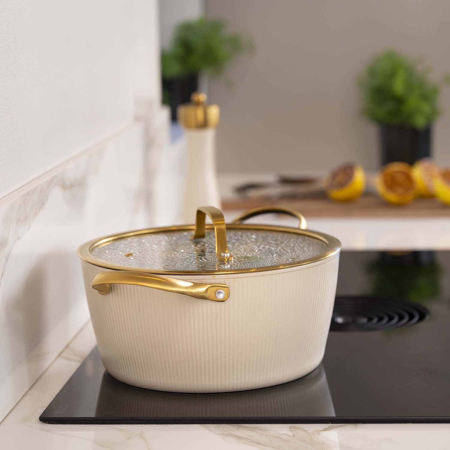 Beige 24 cm Aluminum Pot with Lid, 4.4 L Capacity