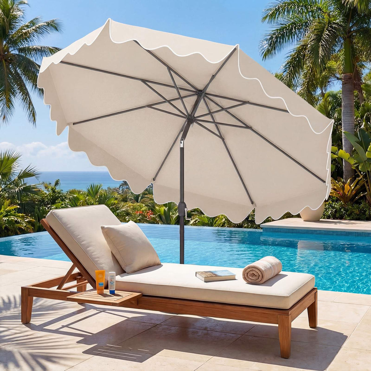 Beige 270cm Ruffled Parasol with Hand Crank & Tilt