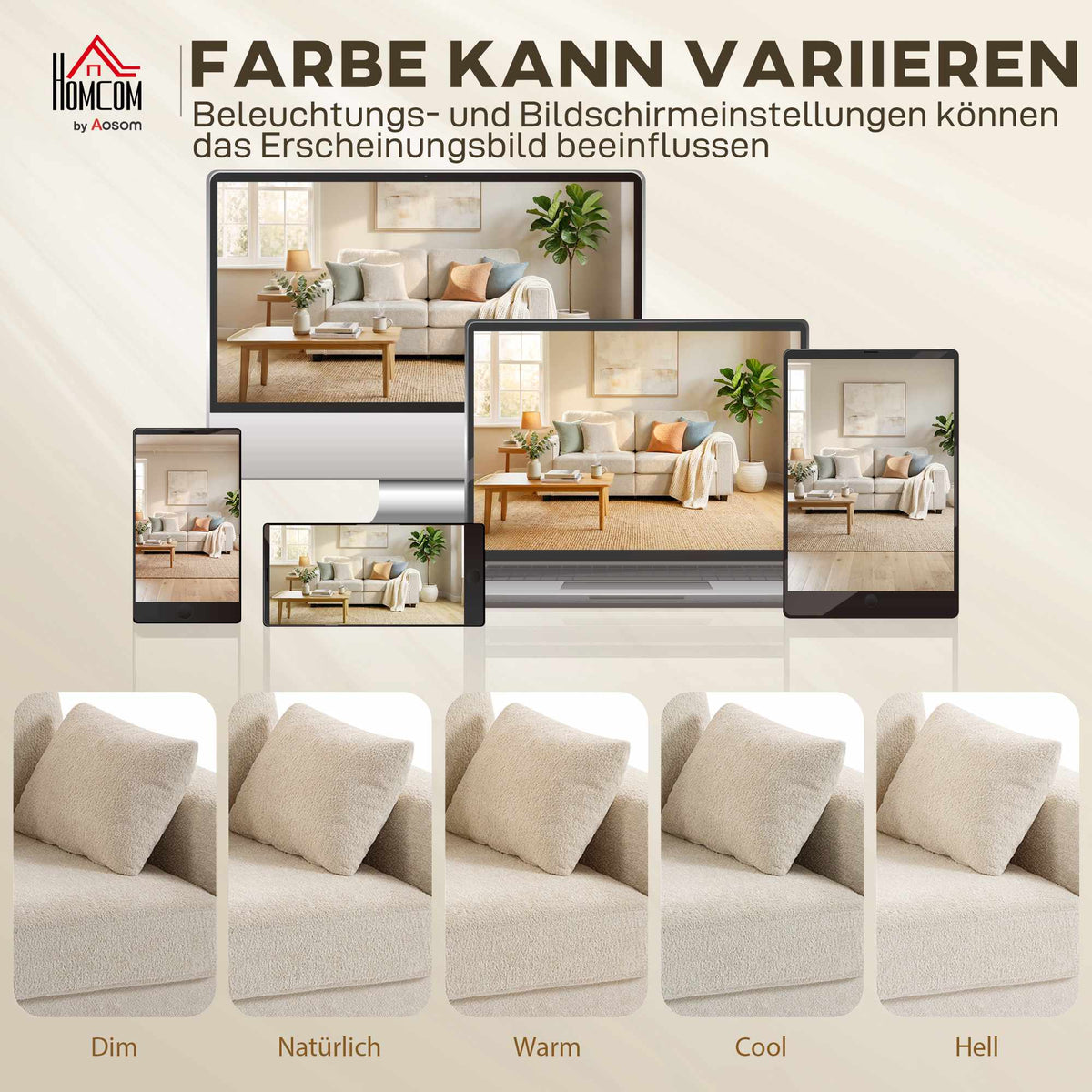 Beige 3-Seater Sofa with Velvet Fabric and Deep Seat