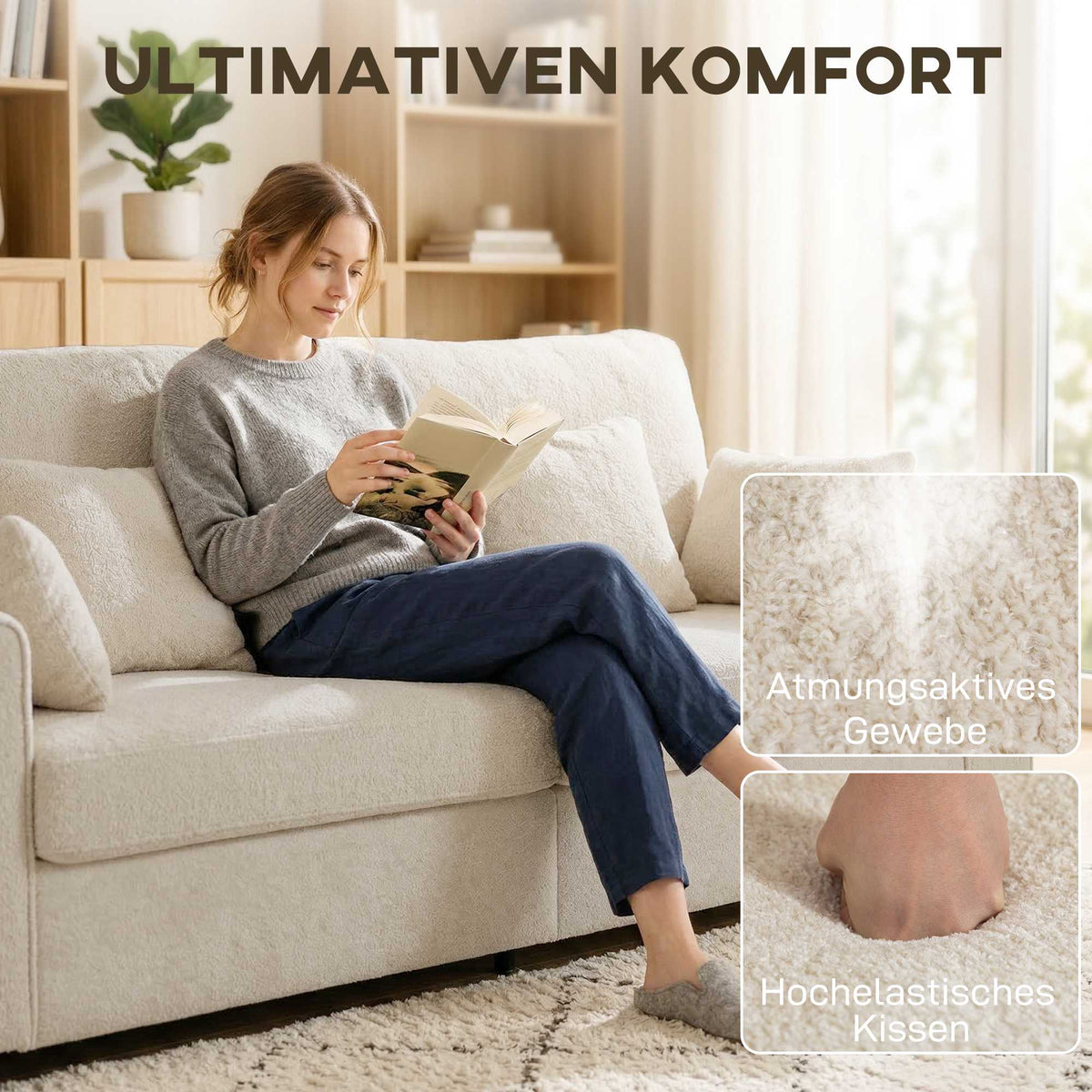 Beige 3-Seater Sofa with Velvet Fabric and Deep Seat