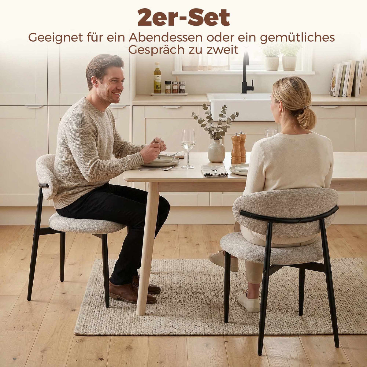Beige Dining Chairs Set of 2 with Padded Seats and Steel Legs