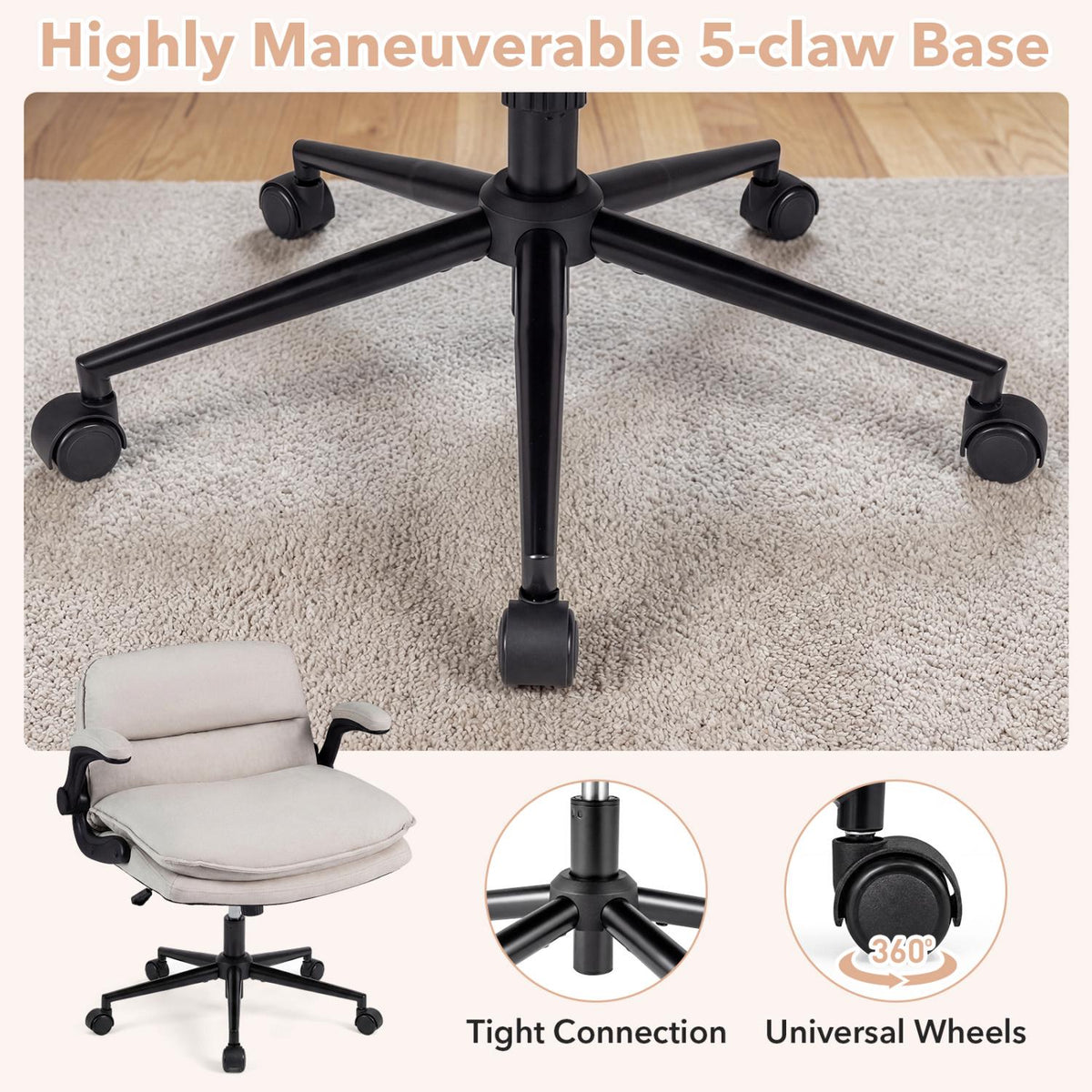 Beige Faux Leather Office Chair with Flip-Up Arms