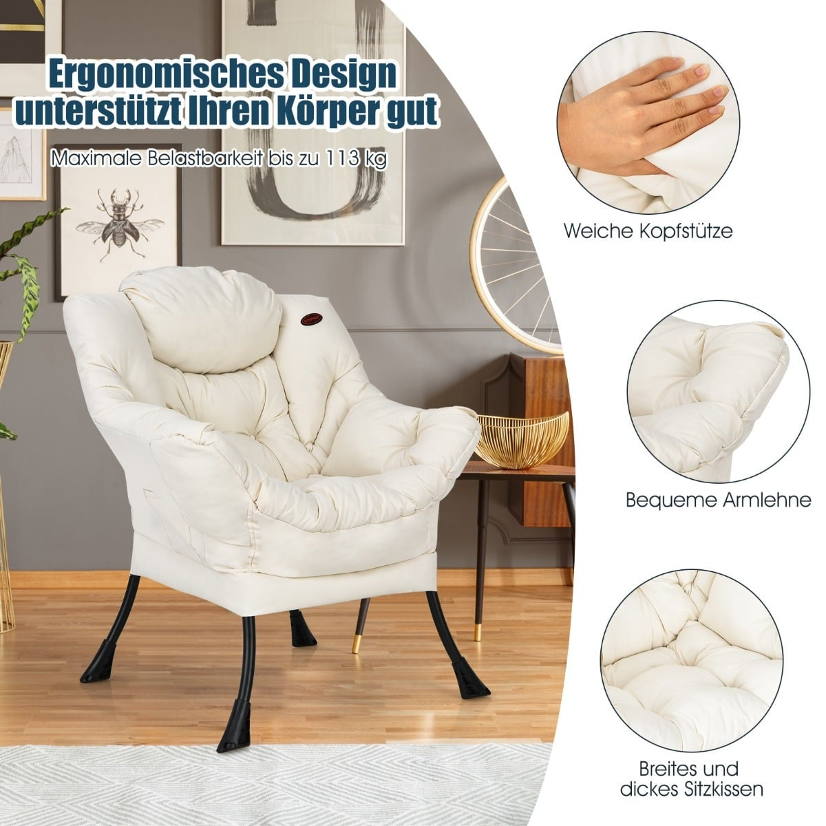 Beige Recliner Chair with Armrests & Side Pocket, 114kg Capacity