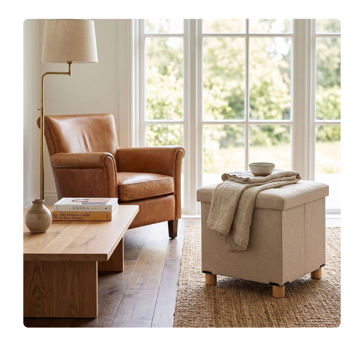 Beige Storage Ottoman Seat with Padded Lid, 40x38x38 cm