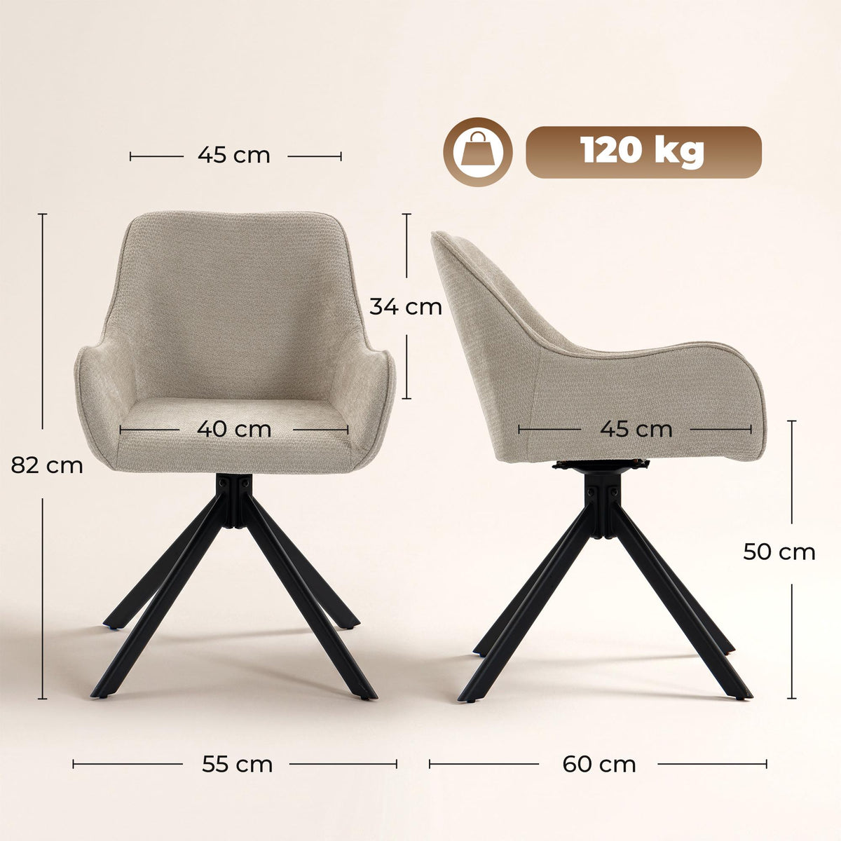 Beige Swivel Dining Chairs Set of 2 with Armrests