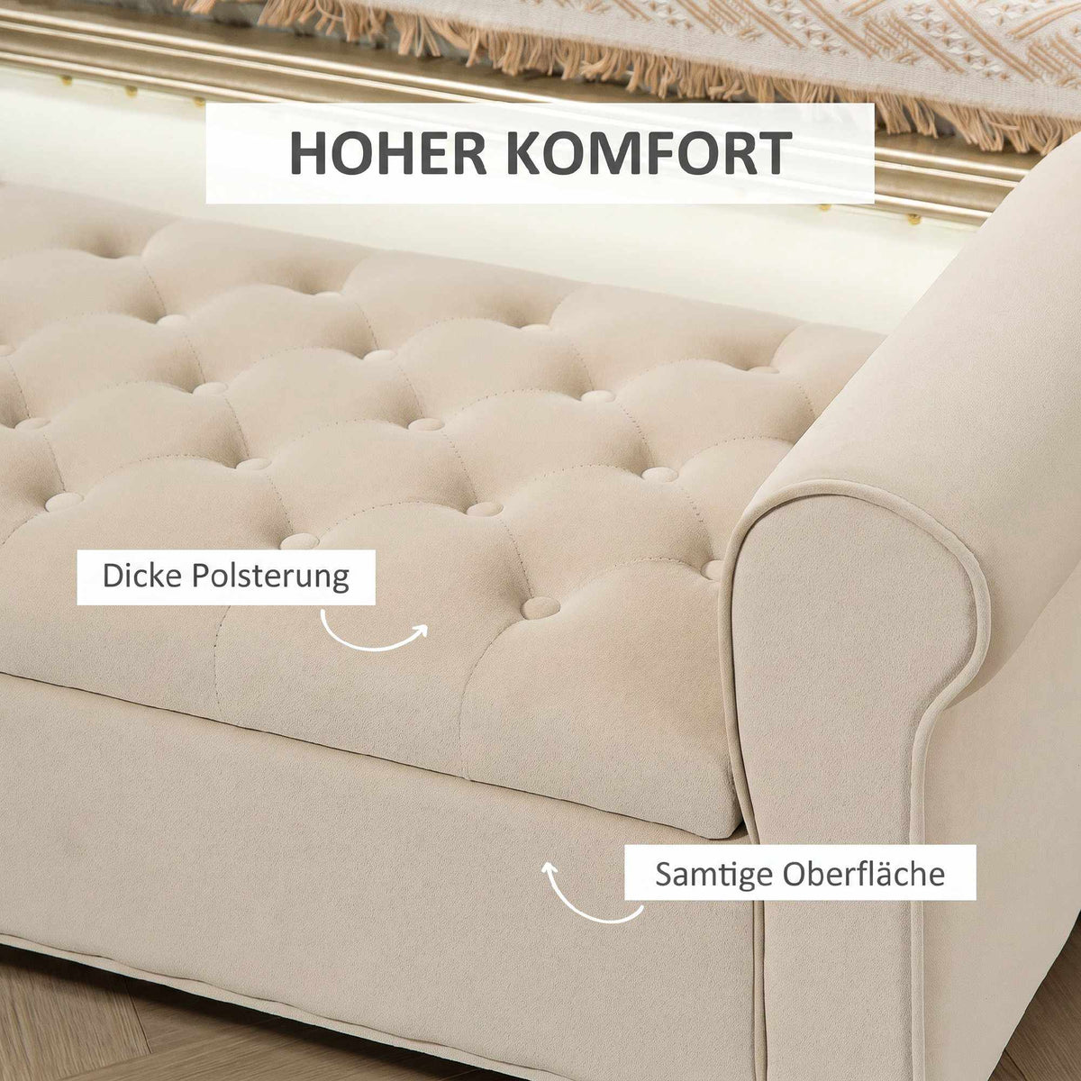 Beige Velvet Storage Bench with Button Tufting and Armrests
