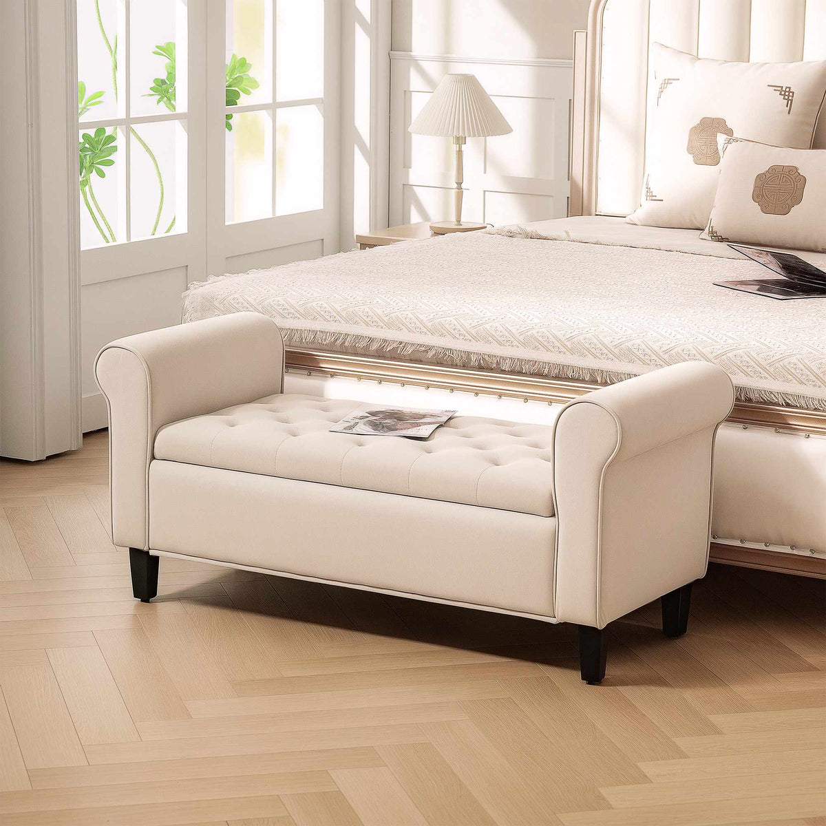 Beige Velvet Storage Bench with Button Tufting and Armrests