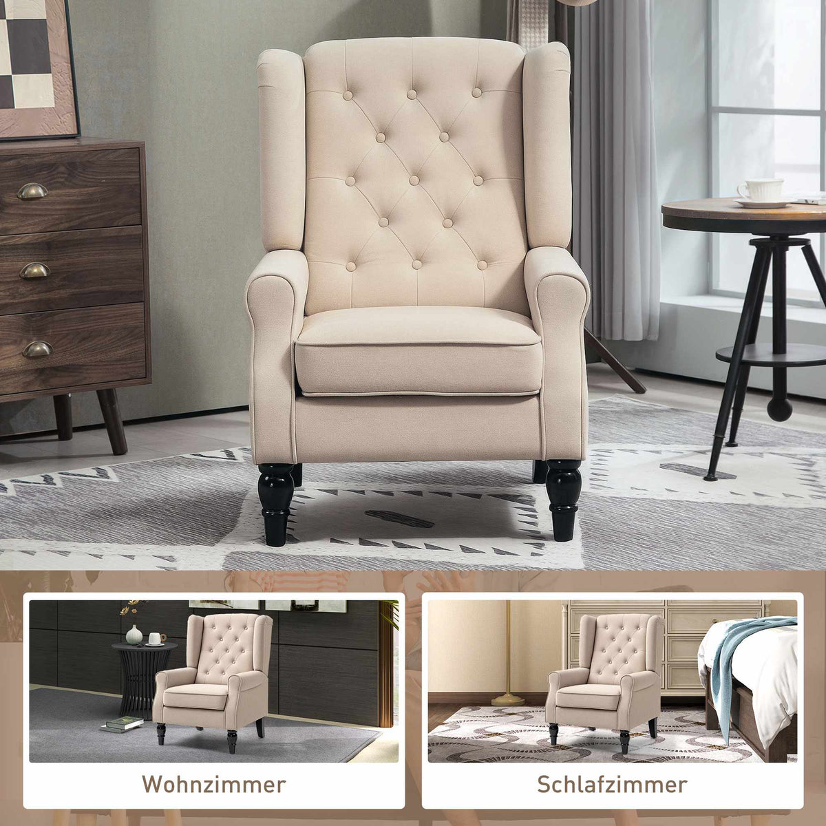 Beige Wingback Armchair, Removable Cover, 74 x 87 x 102 cm