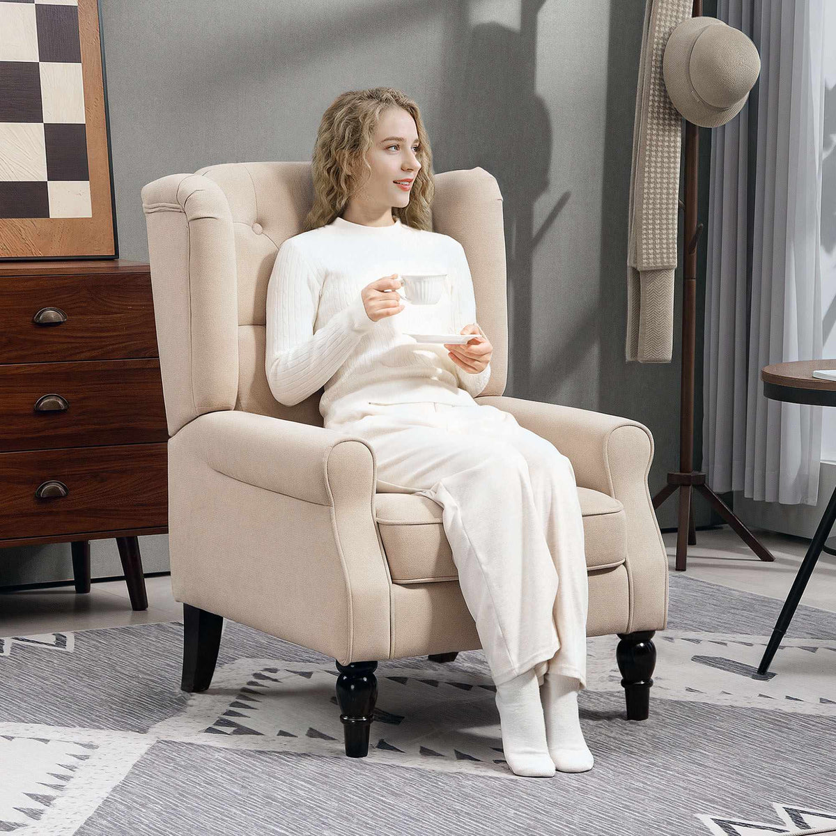 Beige Wingback Armchair, Removable Cover, 74 x 87 x 102 cm