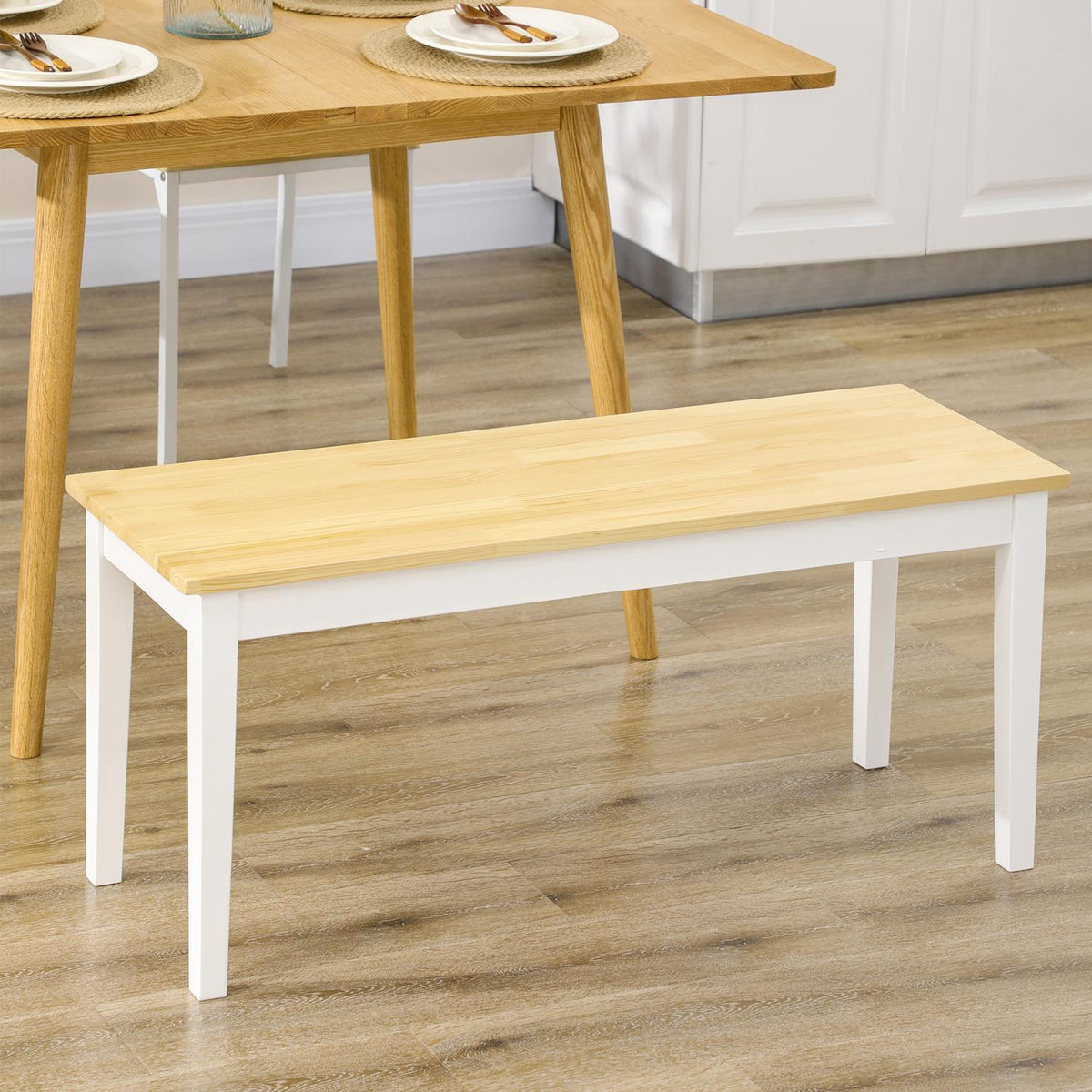 Bench 2-Seater Dining Bench Wooden Bench, Kitchen Bench, Living Room Bench For Kitchen, Entrance, Load Capacity Up To 220 Kg, Pine Wood, White, 102 X 36 X 45 Cm