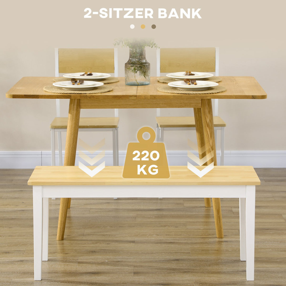 Bench 2-Seater Dining Bench Wooden Bench, Kitchen Bench, Living Room Bench For Kitchen, Entrance, Load Capacity Up To 220 Kg, Pine Wood, White, 102 X 36 X 45 Cm
