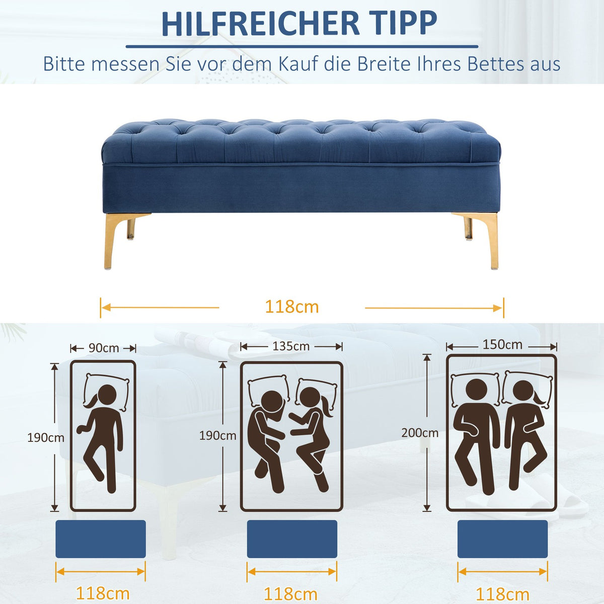 Bench, Bed Bench, Shoe Bench With Raised Legs, Bedroom, Velvet Blue 118 X 45 X 42 Cm
