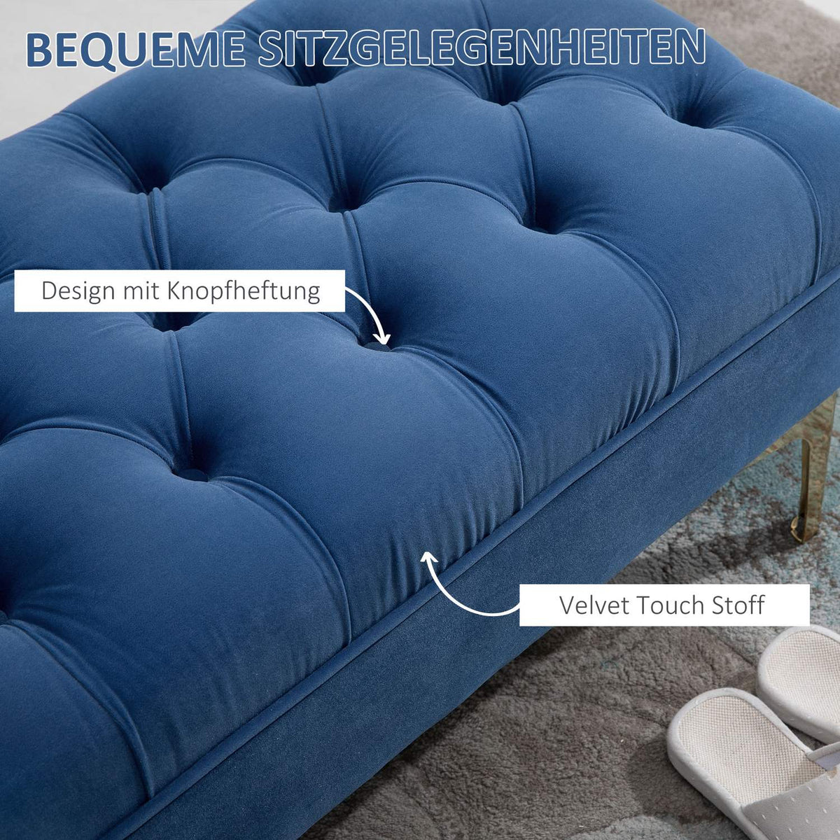 Bench, Bed Bench, Shoe Bench With Raised Legs, Bedroom, Velvet Blue 118 X 45 X 42 Cm