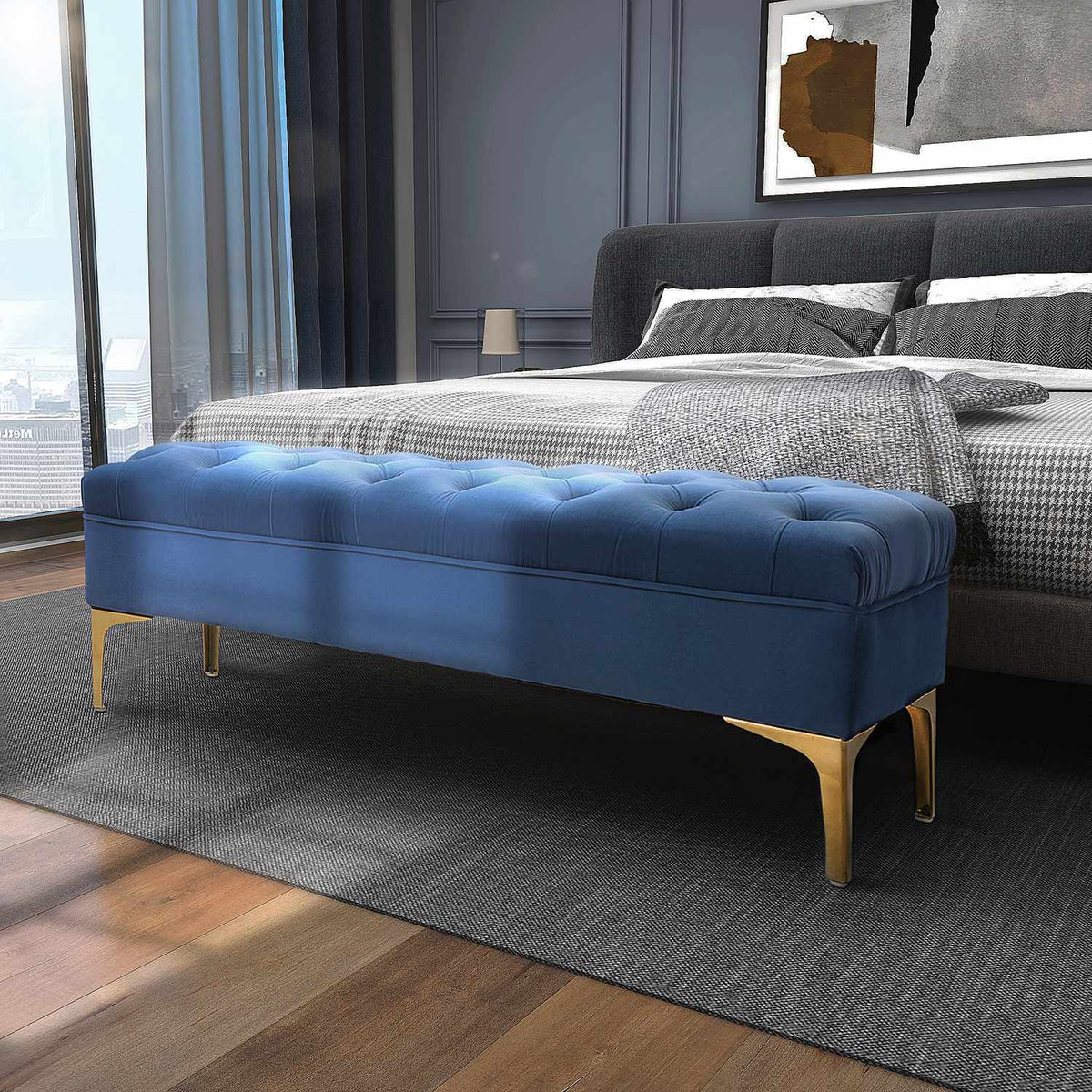 Bench, Bed Bench, Shoe Bench With Raised Legs, Bedroom, Velvet Blue 118 X 45 X 42 Cm