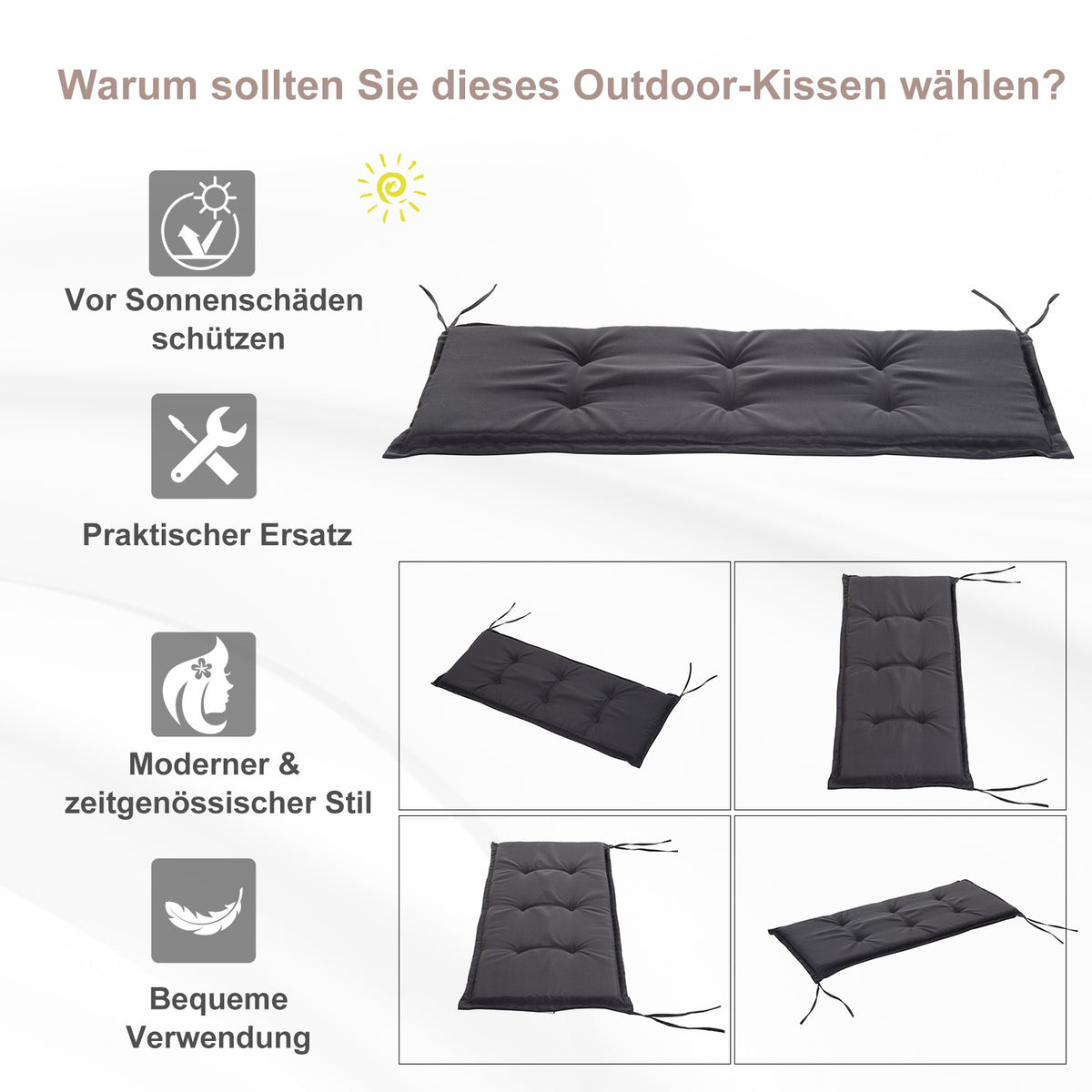 Bench Cushion Set Of 2 Seat Cushions For Garden Bench, Soft Padding Made Of Polyester, Dark Gray, 120X54X5Cm