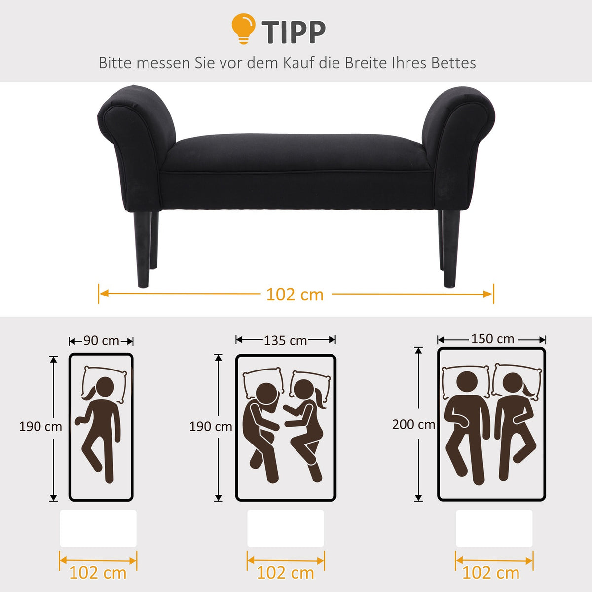 Bench For Bedroom Bed Bench, Upholstered Bench In Black, Mdf & Foam, 102X31X51Cm