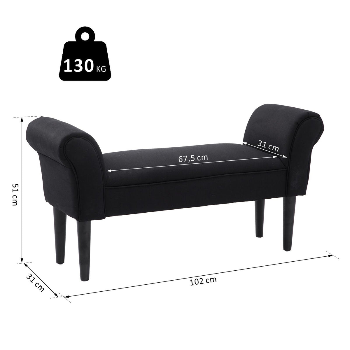 Bench For Bedroom Bed Bench, Upholstered Bench In Black, Mdf & Foam, 102X31X51Cm