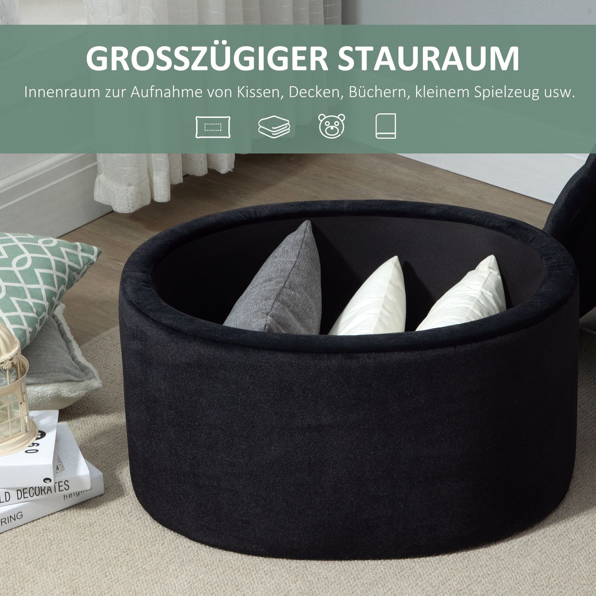 Bench In Black Modern Upholstered Bench With Storage Space, Velvety Polyester, Rubber Wood, Oval Shape, 71X52X42Cm