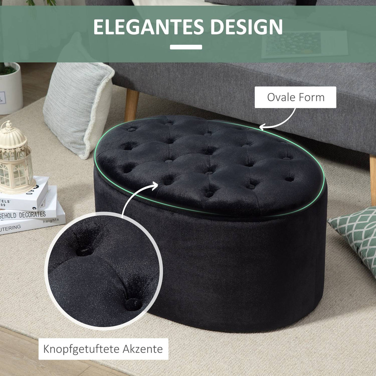 Bench In Black Modern Upholstered Bench With Storage Space, Velvety Polyester, Rubber Wood, Oval Shape, 71X52X42Cm