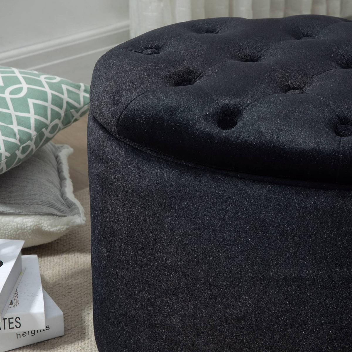 Bench In Black Modern Upholstered Bench With Storage Space, Velvety Polyester, Rubber Wood, Oval Shape, 71X52X42Cm