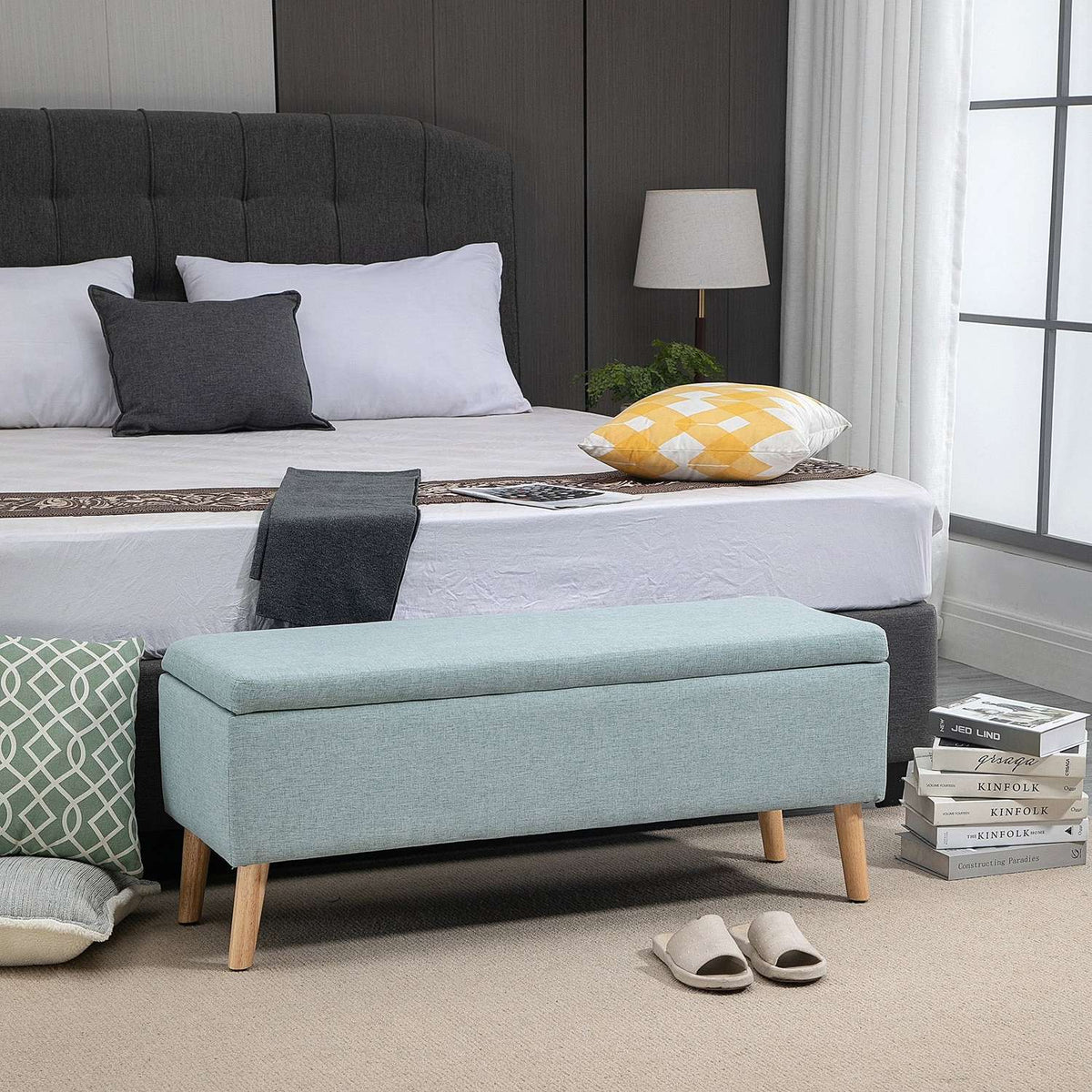 Bench In Light Green Upholstered Bench With Storage Space, Linen-Like Polyester, Rubber Wood, Scandinavian Design, 110X39X45Cm