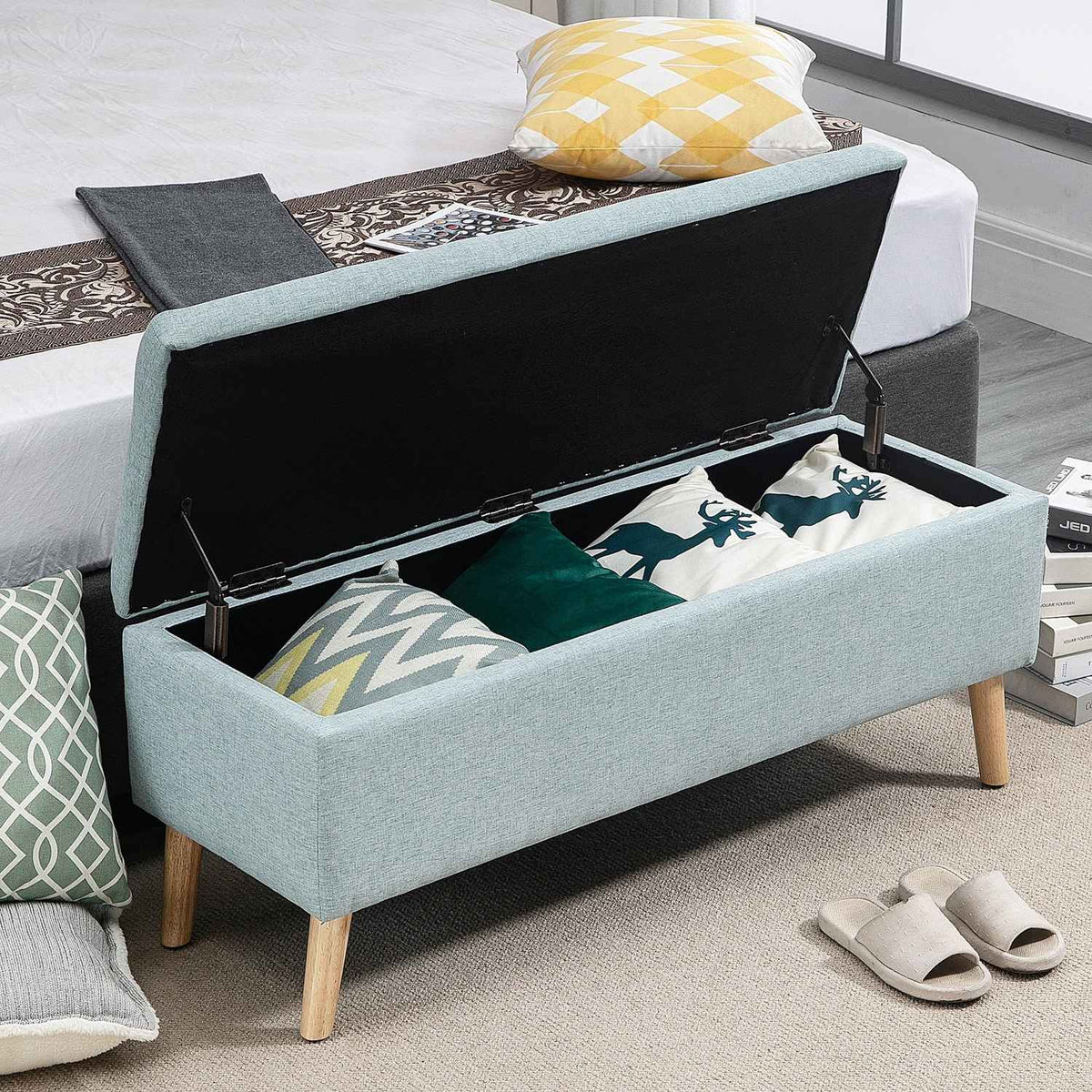 Bench In Light Green Upholstered Bench With Storage Space, Linen-Like Polyester, Rubber Wood, Scandinavian Design, 110X39X45Cm