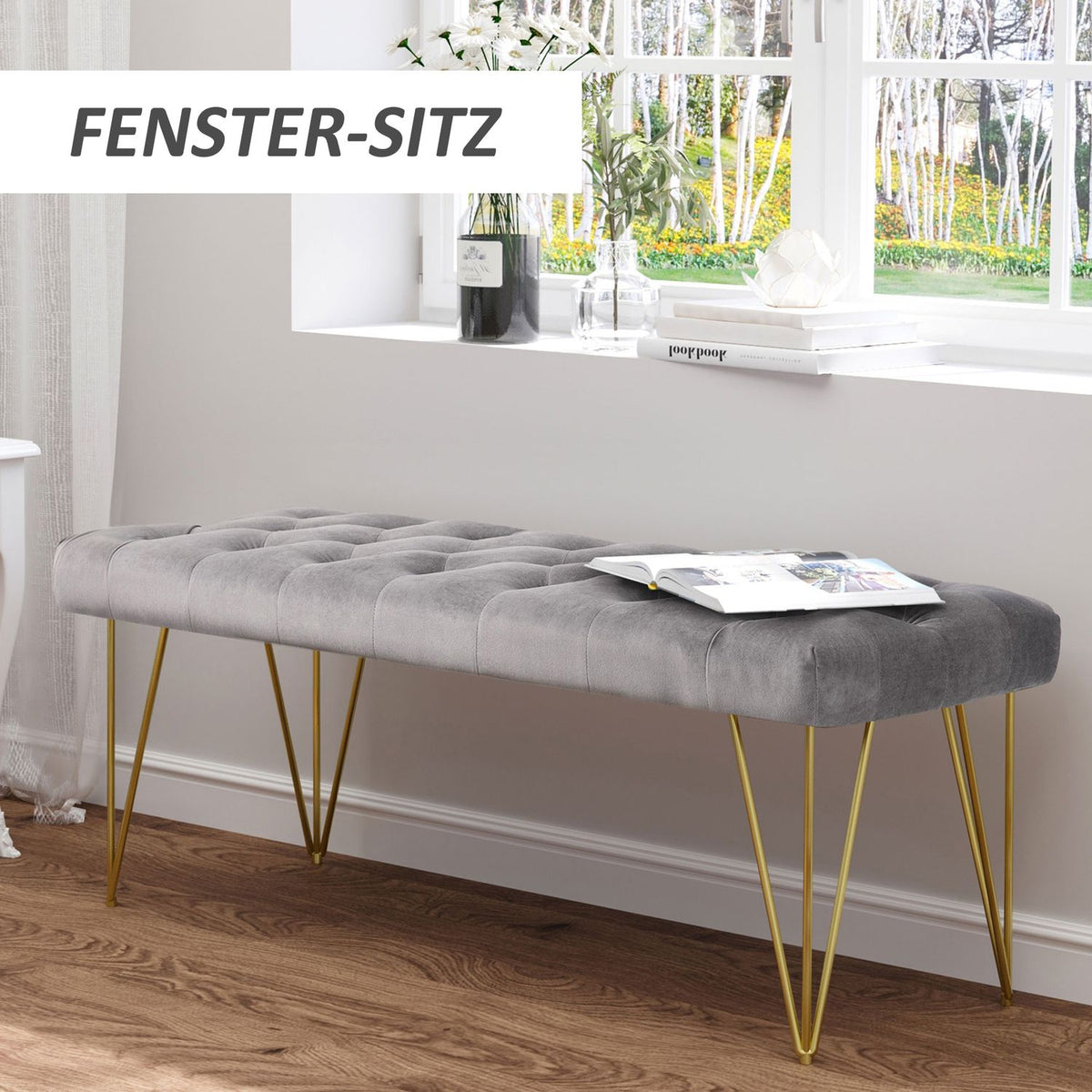 Bench In The Entrance Area Shoe Bench With Velvet Cover, Seat Chest, Velvet, Gray, 116X44.5X49Cm