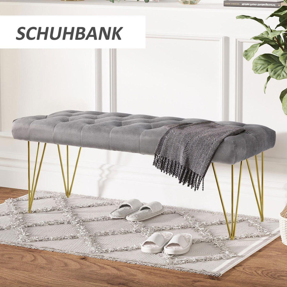 Bench In The Entrance Area Shoe Bench With Velvet Cover, Seat Chest, Velvet, Gray, 116X44.5X49Cm