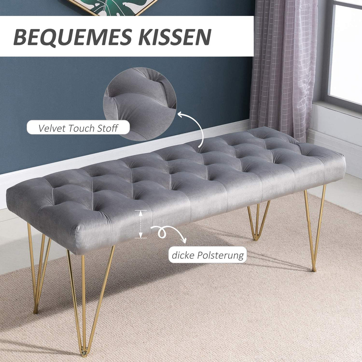 Bench In The Entrance Area Shoe Bench With Velvet Cover, Seat Chest, Velvet, Gray, 116X44.5X49Cm