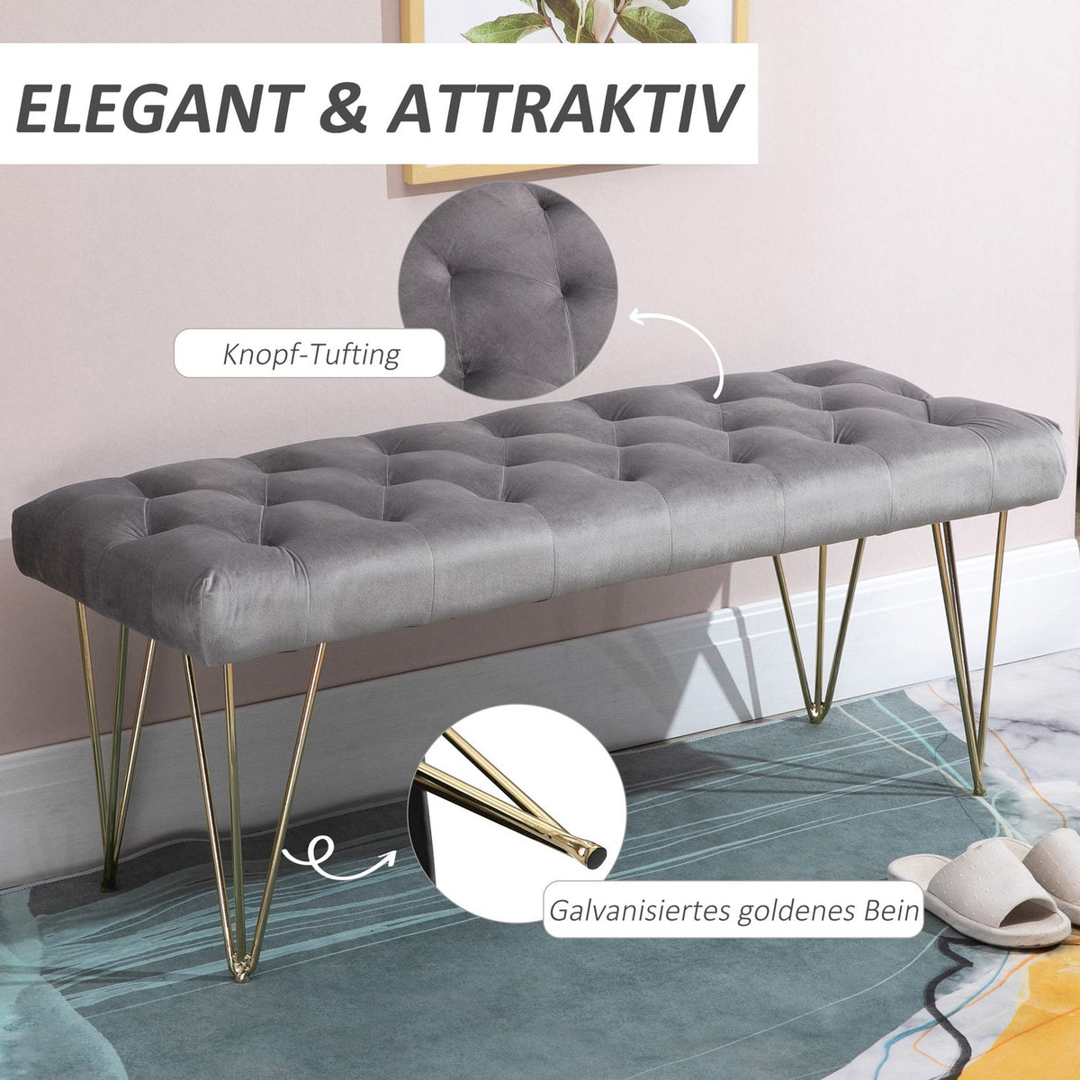 Bench In The Entrance Area Shoe Bench With Velvet Cover, Seat Chest, Velvet, Gray, 116X44.5X49Cm