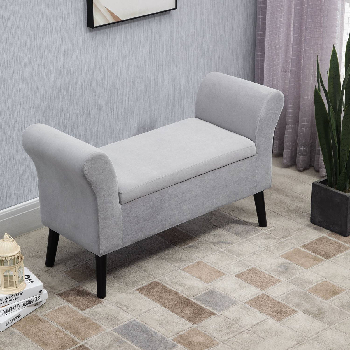 Bench Light Gray Upholstered Bench Storage Velvet Polyester Rubber Wood Modern Hallway Bedroom