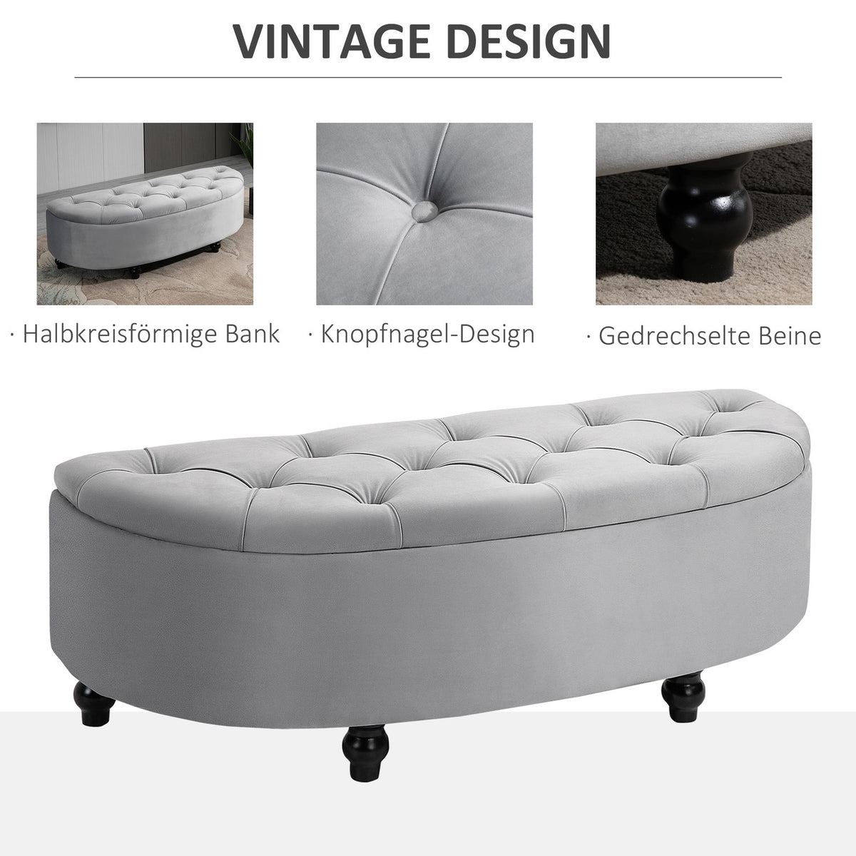 Bench Storage Stool Storage Box Footstool Velvet Touch Rubber Wood Gray Bedroom