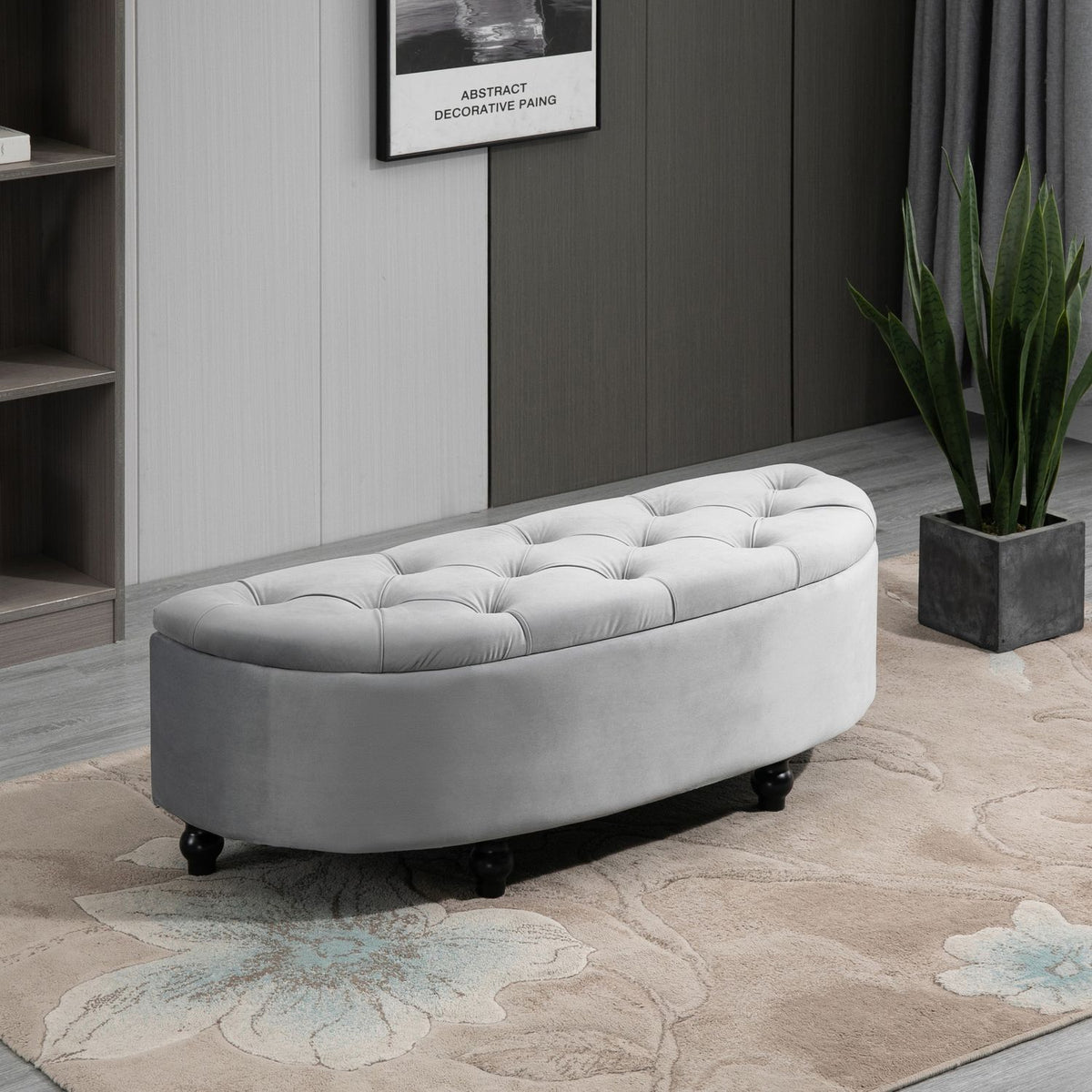 Bench Storage Stool Storage Box Footstool Velvet Touch Rubber Wood Gray Bedroom