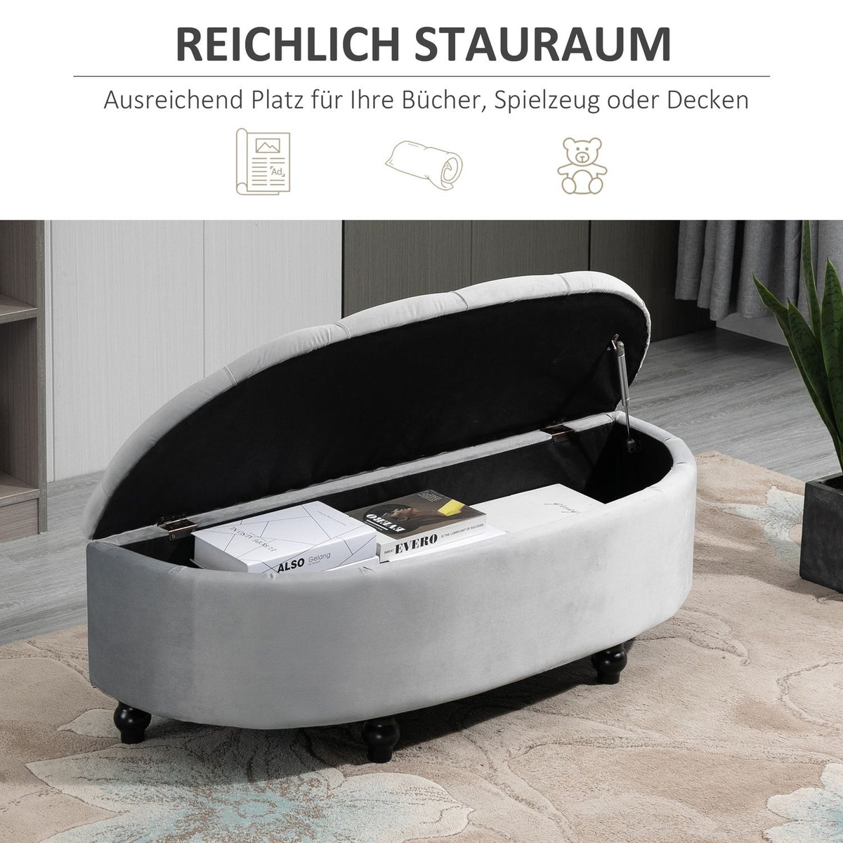 Bench Storage Stool Storage Box Footstool Velvet Touch Rubber Wood Gray Bedroom