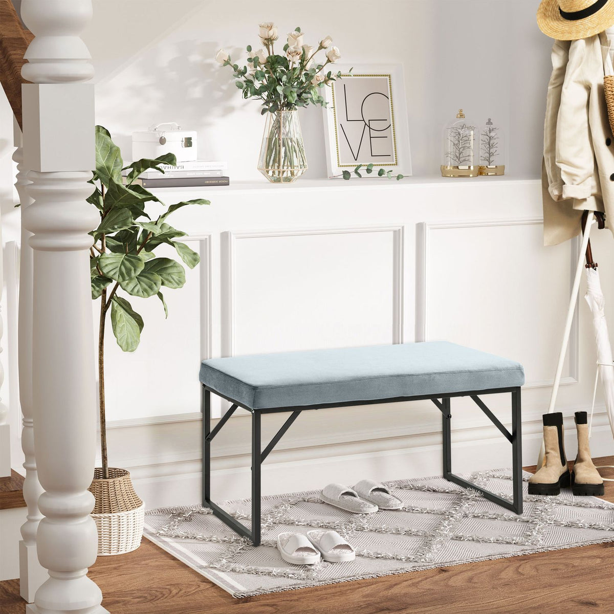 Bench, Upholstered Bench, Bed Bench In Velvet Look, Make-Up Bench, Hallway Bench For Living Room, Bedroom, Load Capacity Up To 200 Kg, Steel, Blue
