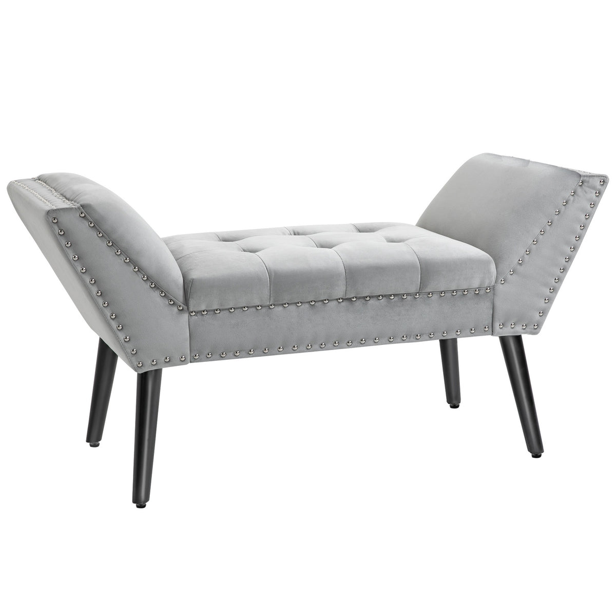 Bench Upholstered Bench Modern, Bed Bench With Buttons, Rubber Wood, Velvet, Light Gray, 114X46X56Cm