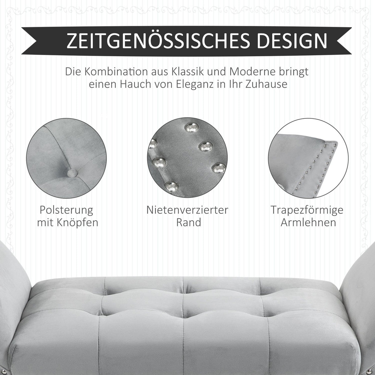 Bench Upholstered Bench Modern, Bed Bench With Buttons, Rubber Wood, Velvet, Light Gray, 114X46X56Cm