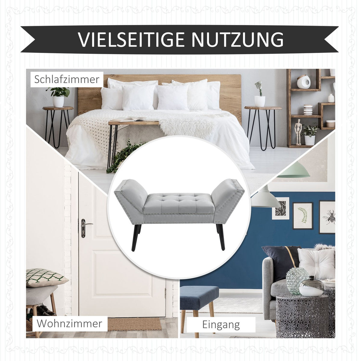 Bench Upholstered Bench Modern, Bed Bench With Buttons, Rubber Wood, Velvet, Light Gray, 114X46X56Cm