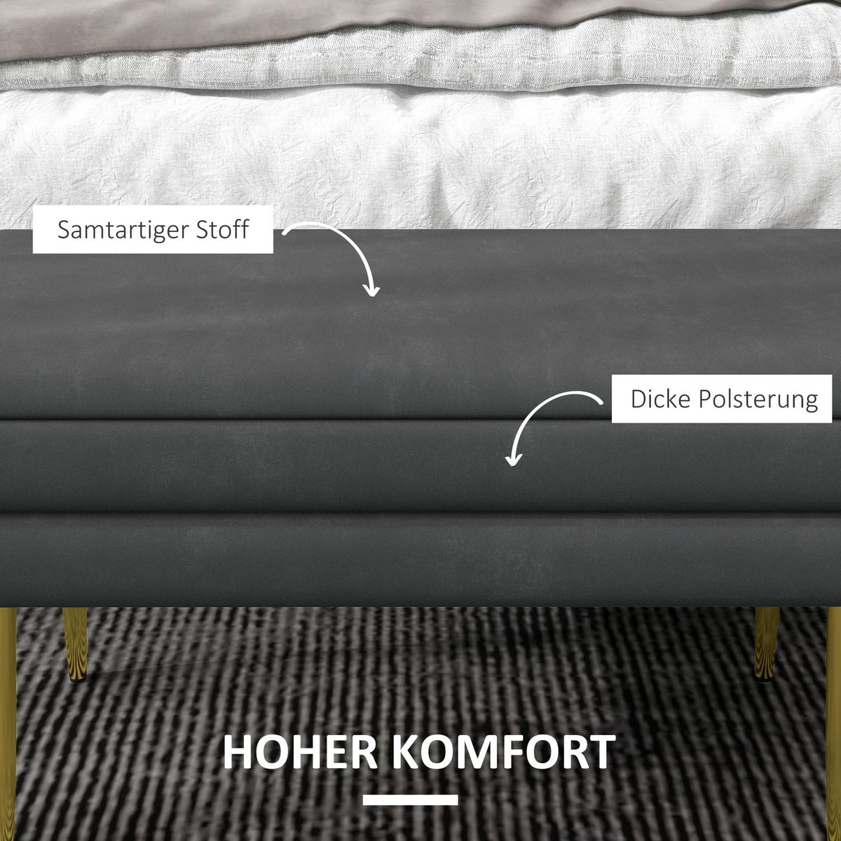 Bench Upholstered Bench Storage Space Velvet Look Bed Bench Steel Legs Shoe Bench Storage Bench Living Room Bedroom Gray 79.5X37.5X43Cm